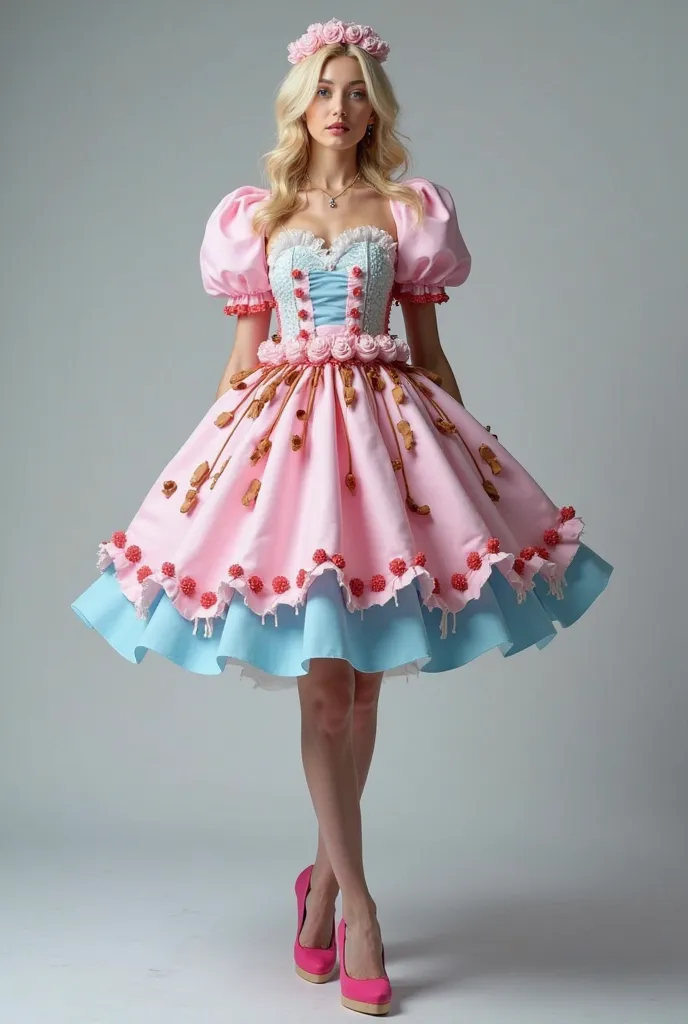 Create a beautiful playful costume, whose character is a woman, The dress is very maximalist, Short Gode,  Well rounded  ,  with puffy sleeves, inspirado em marshmallow (candy color rosa, blue and white) with details of chocolates as if it were dripping in...