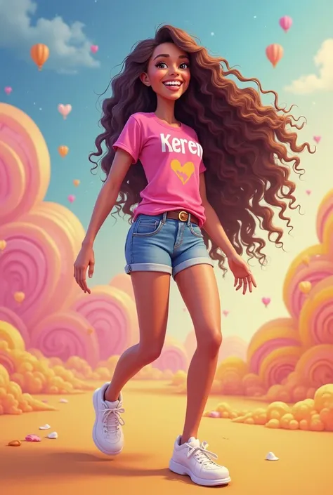 , s,  long curly hair , 3d drawing, In long pink t-shirt and jeans shorts and white sneakers, Keren written on clothes, cheerful background