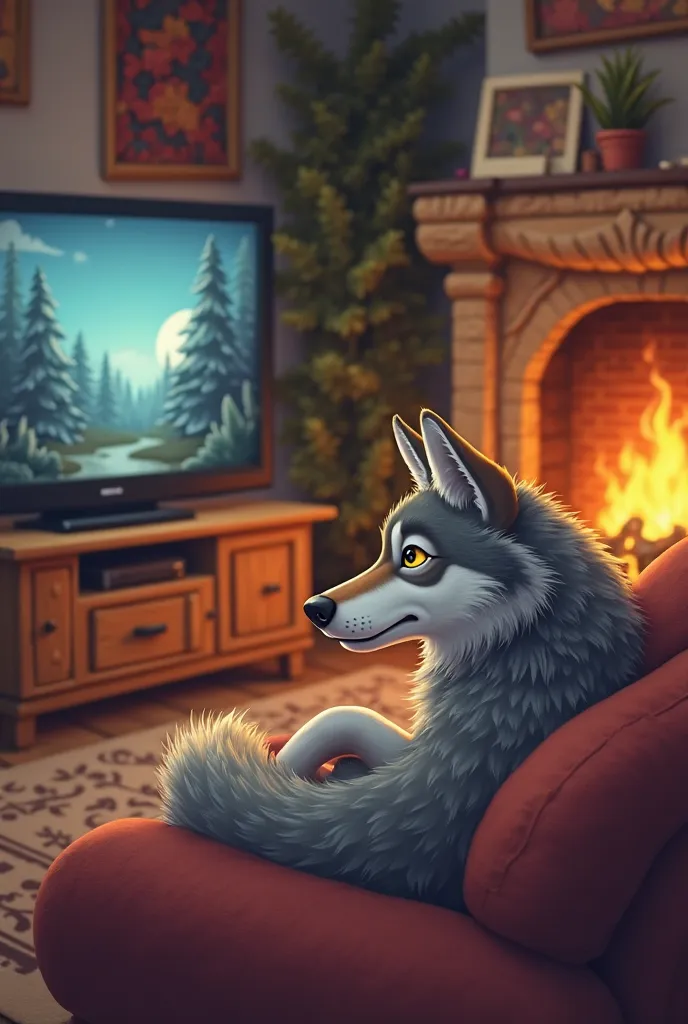 UN LOUP QUI  regarde la télévision  dans un salon avec un feu de cheminée, ambiance douce, dessin pour enfant