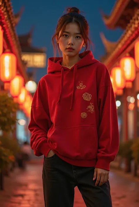 trendy, modern portrait of a young East Asian woman standing confidently against a nighttime Chinese cityscape, filled with glowing red lanterns and traditional Chinese architectural elements softly illuminated in the background. The sky is dark, creating ...