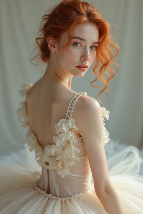 A young Russian woman with long curly red hair in ballet clothes. 