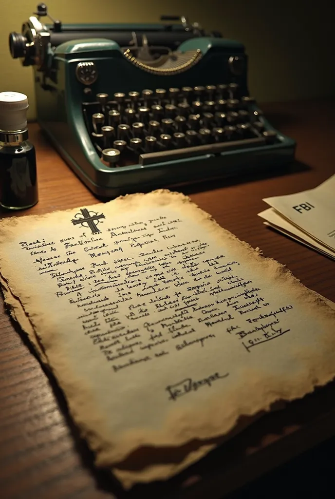 A close-up of an aged, yellowed letter with cryptic symbols and eerie handwriting, signed with the Zodiac Killer’s infamous cross-circle symbol. The letter is placed on a wooden desk next to a vintage typewriter, an ink bottle, and an FBI file folder. The ...