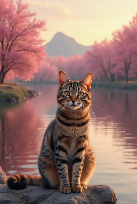 Tabby cat with a landscape background with pink trees, and the cat is on a rock in a lake, and be very tender at sunset, that is brown in color, and that it is more tender, and the cat is in a casual pose, that is brown, and 8K, that the cat is brown