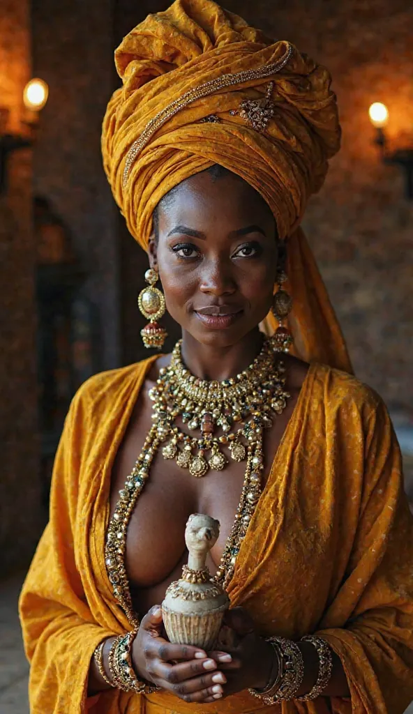 "Une femme africaine majestueuse, vêtue de tenues traditionnelles riches en détails, ornée de bijoux dorés et de perles raffinées. Elle porte un grand turban élégamment noué sur la tête, mettant en valeur son regard intense et sa peau lumineuse. Assise dan...