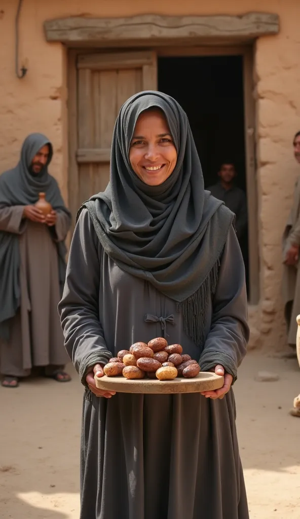 A Middle Eastern-looking woman wearing a long dark gray dress and a veil covering her, smiling gently while holding a wooden tray with dates and bread. She stands in front of an old wooden door, part of a rustic clay brick building. In the background,  Ins...