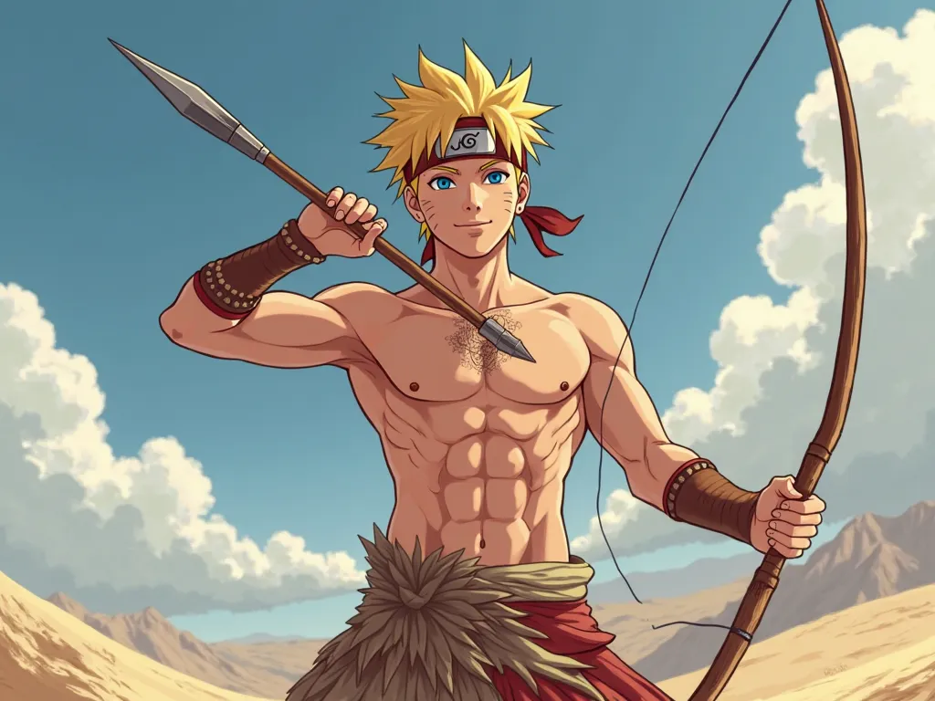 is shown I need you to create an image in realistic anime format, Where Naruto Uzumaki is shown, being a ager of extraordinary beauty, warrior,  half naked, smiling, practicing the art of the Javelin, that is to say, throwing a spear . Do it in a tradition...