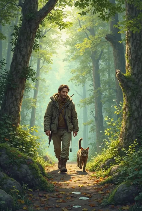 a man walking in the forest with a cat 