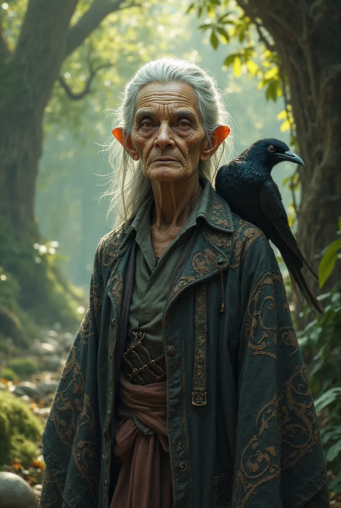 grandmother, orchiha, 60 years old, cunning, greedy, old, in the forest,  charismatic, magpie on the shoulder,