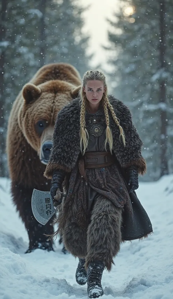 "An imposing Viking woman moves resolutely through a snowy forest, accompanied by a huge brown bear that walks beside him. Her braided blond hair is covered by a layer of thick skin, and her gaze is fierce and determined. He carries a double-edged axe in h...