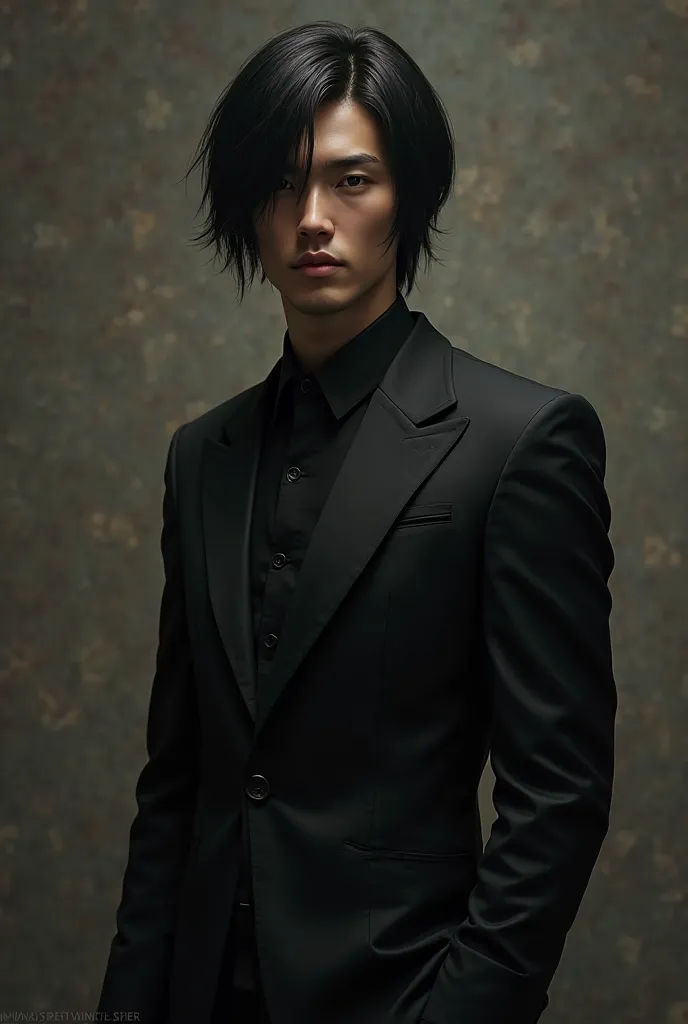 Young man with straight black hair in a black suit and eyes full of power 