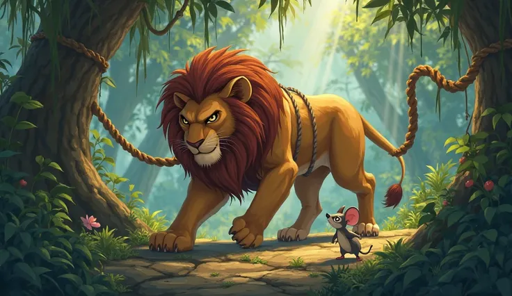 (Highest quality, masterpiece, High resolution)、4K Anime Art、Soft Light, A mighty lion trapped in a strong rope trap, its powerful body struggling against the thick ropes that bind its legs. The lion's face is tense with frustration, its sharp eyes glaring...