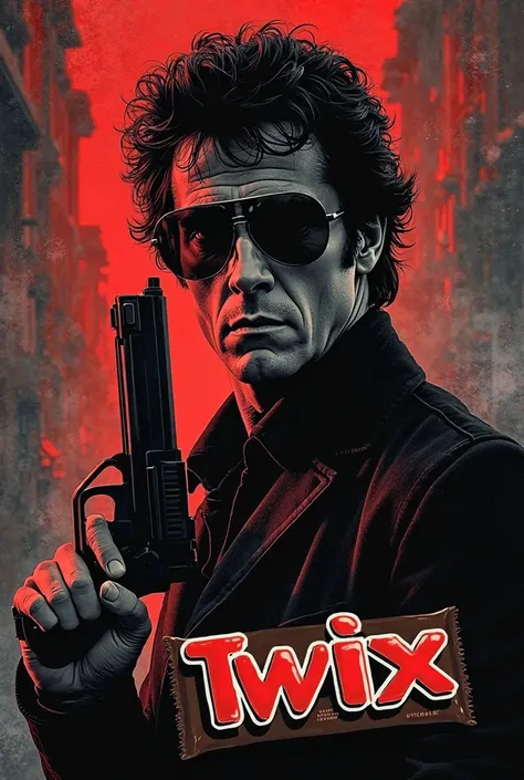 Create a movie poster inspired by the visual style of the movie Cobra (1986), with Sylvester Stallone as the protagonist.  he must be in the foreground , wearing dark glasses and holding a gun, with a tough and heroic expression.  The background must be ur...