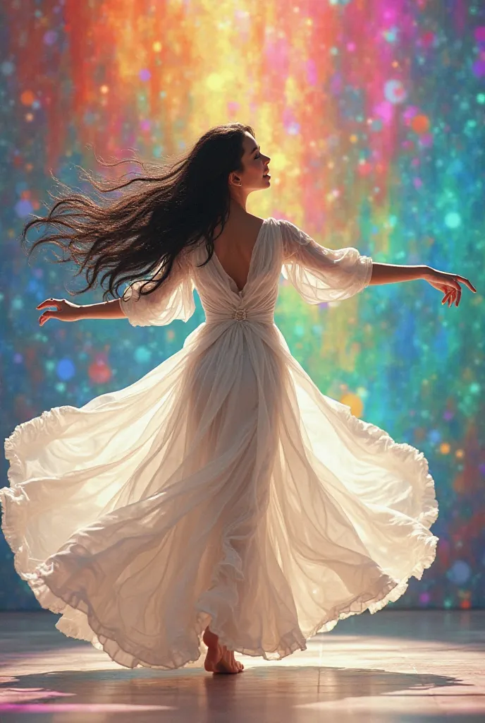 She sings and dances in a white dress and her long black hair, there's always magic to imagine.,
a rainbow that in every brushstroke
invites us to dream and to fly.