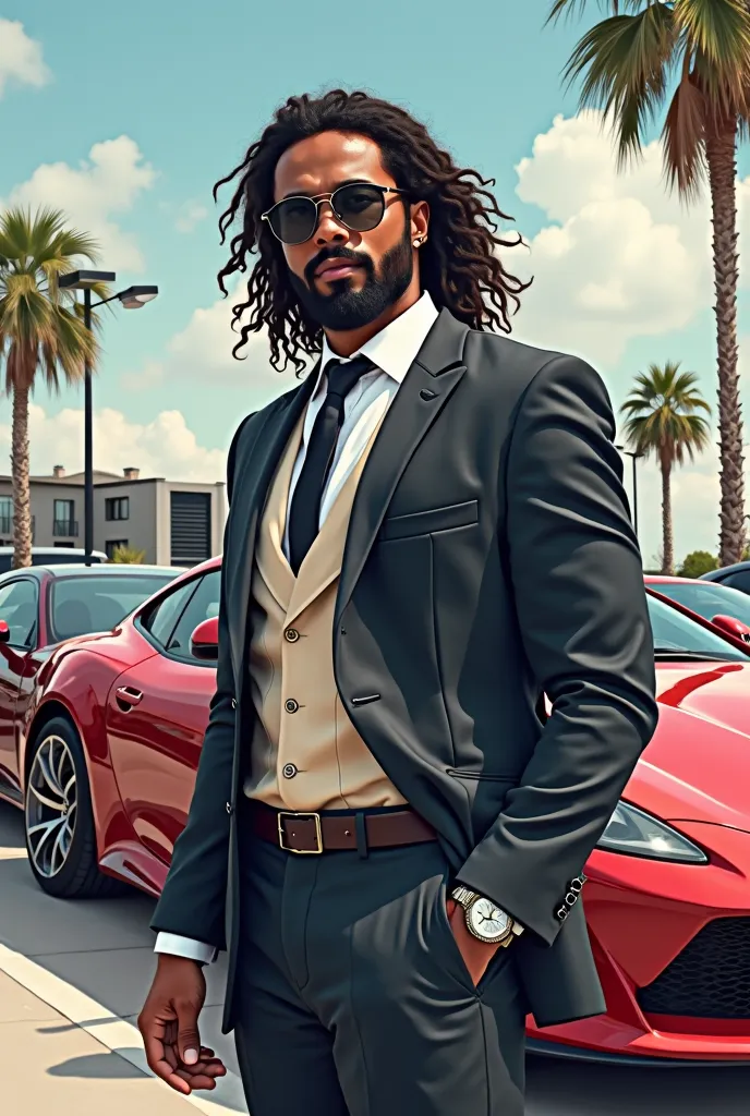 draw a realistic man with a Latin look, with dark skin, barba larga, and long curly hair, This man must have elegant dress clothes and a tie, an expensive watch and dark glasses, This man must be in a luxury parking lot, with expensive sports cars and vans...