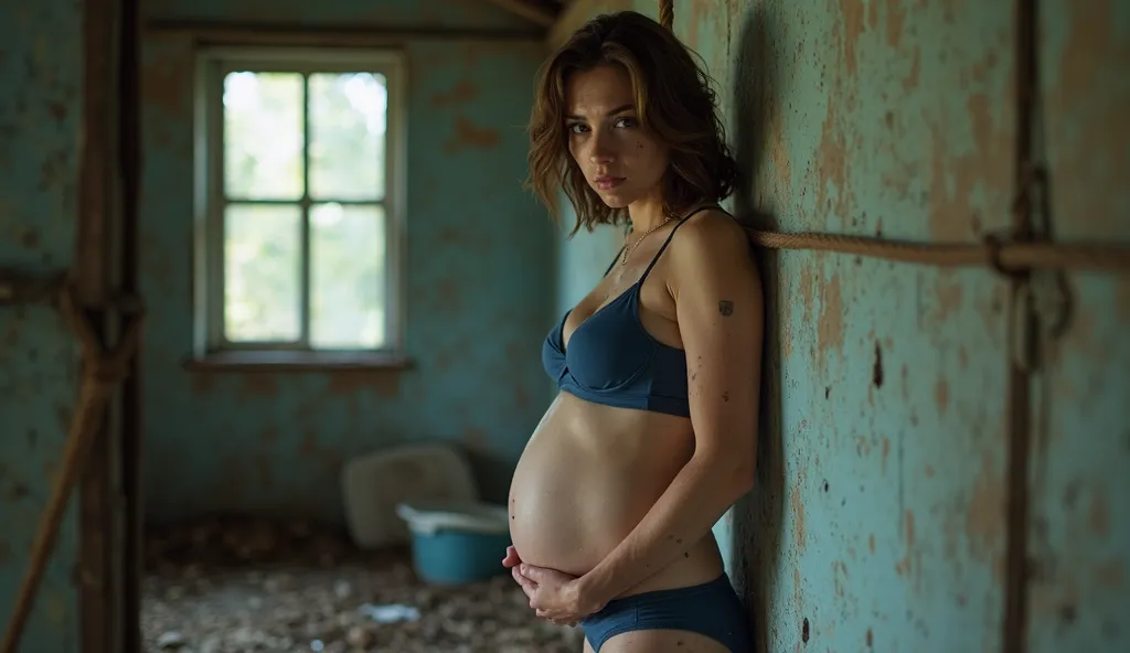 Extremely photorealistic. HDR, a sexy pregnant white Caucasian woman, 30 years old, brown, bob hair, in blue panties and blue bra,  tied to a wall
 in an old abandoned shed, , she looks at us, sexy, she is covered in cum, there are a hundred dirty panties ...