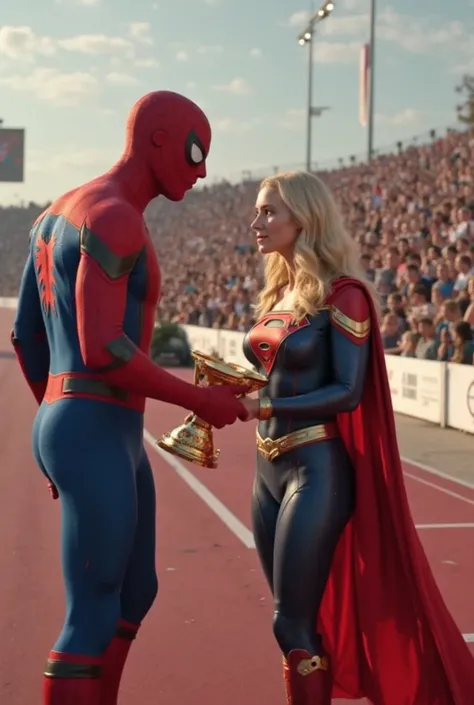 After celebrating his victory, Spider-Man turns to Supergirl, who stands nearby, watching with a soft smile. Without hesitation, he extends the golden trophy toward her, placing it in her hands.

Supergirl looks at him, surprised. Her eyes shine with emoti...