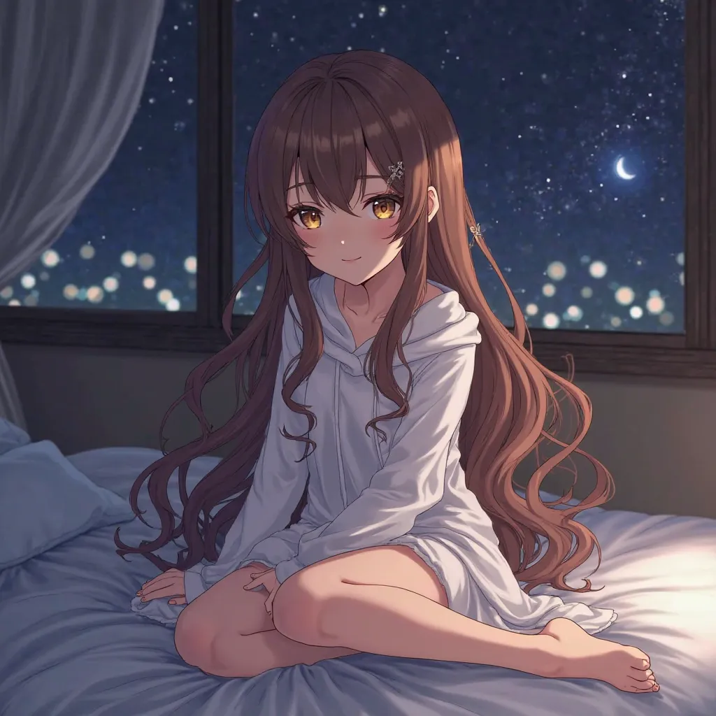 
Beautiful woman with very long wavy brown hair, Threesome bangs, torn light brown eyes,  soft fair skin , Glow Up,labial, white coat , barefoot,sitting on a bed,night window, bedroom, Good body,cold look,Anime Style.