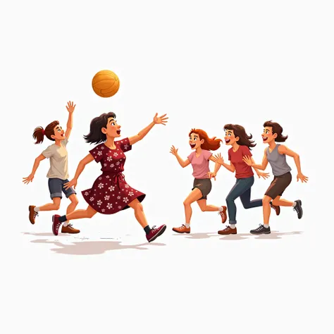 Present Continuous Prompt (Semi-Realistic Cartoon Art - White Background - Group Scene):
A group of friends, including a 27-year-old woman with short hair wearing a dark red floral dress, are actively playing a game together. One is kicking a ball, another...