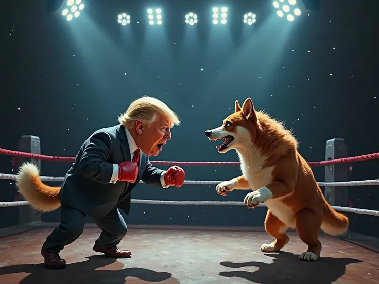 animated Trump, Putin and Zelensky bark in the dark boxing ring in the spotlights 