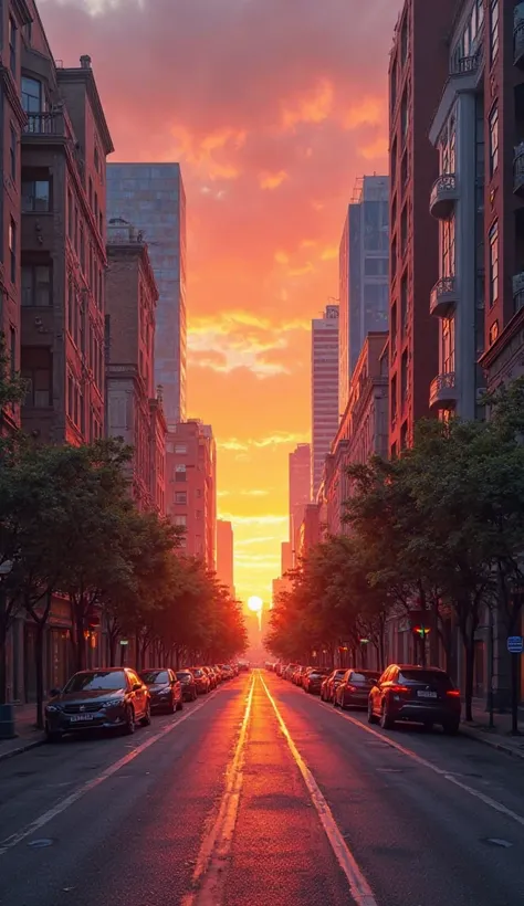 Image of a street with the sunset in the background . 8K ultra-realistic, cinematic lighting, Sony Alpha A7R IV."