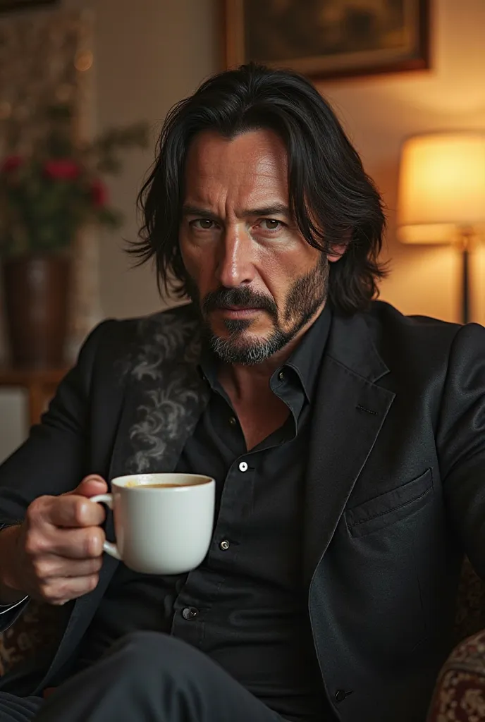 Actor Keanu Reeves in house drinking coffee 