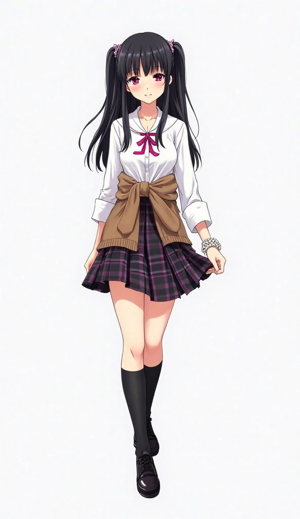 Japanese anime adolescent woman with long straight black hair with two pigtails and short locks and intense magenta eyes and she wears a white blouse with long sleeves and a pink ribbon around the neck. Her skirt is plaid in dark tones, and she wears a bro...