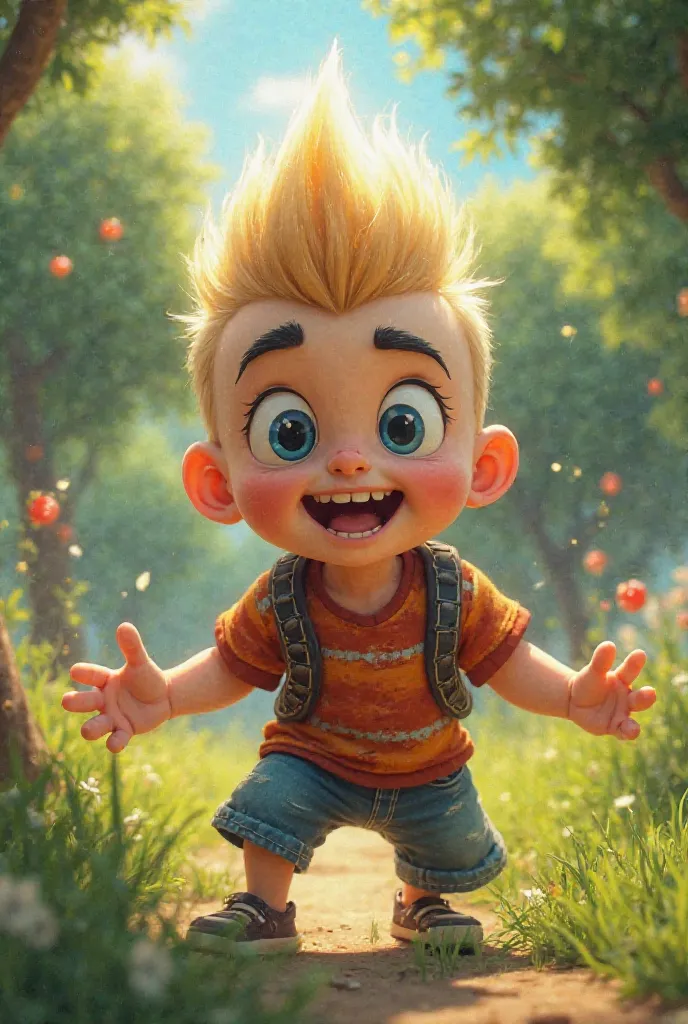 Show me a  boy with blond hair mohawk cut black eyebrow and big eyes having fun in the park 