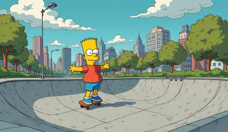 bart simpson skating  in urban concrete skate park in the city without people without trees and bushes in cartoon not anime style 