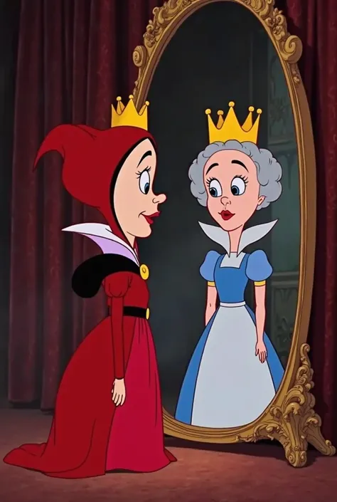 Animated Disney image in which the red queen and the white queen of Alice appear through the mirror looking straight ahead and that look animated in Disney format the red queen has a giant head that they look full bodied and of the same height 