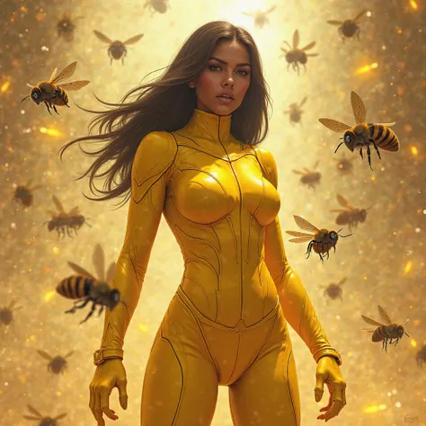 Fait moi une image avec une femme métisse au cheveux longs et lisse. En costume de super héros jaune et moulant . Je veux des abeilles partout autour 