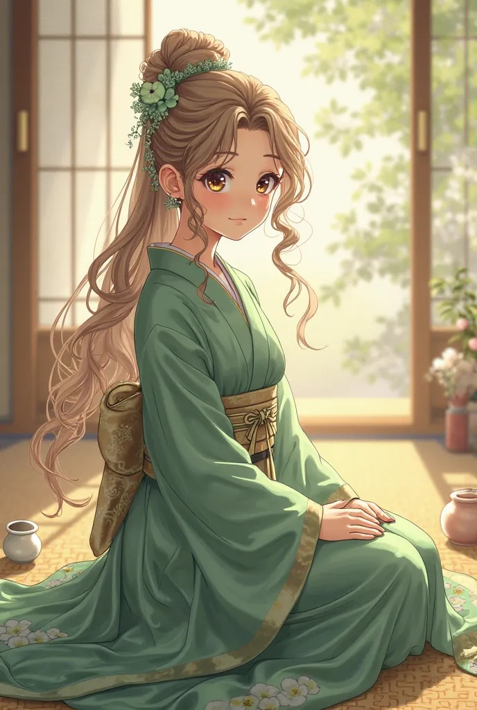 Make a Japanese empress in anime style, wearing a green kimono in a tea room. She wears her curly hair loose, she has round light brown eyes and an innocent face.