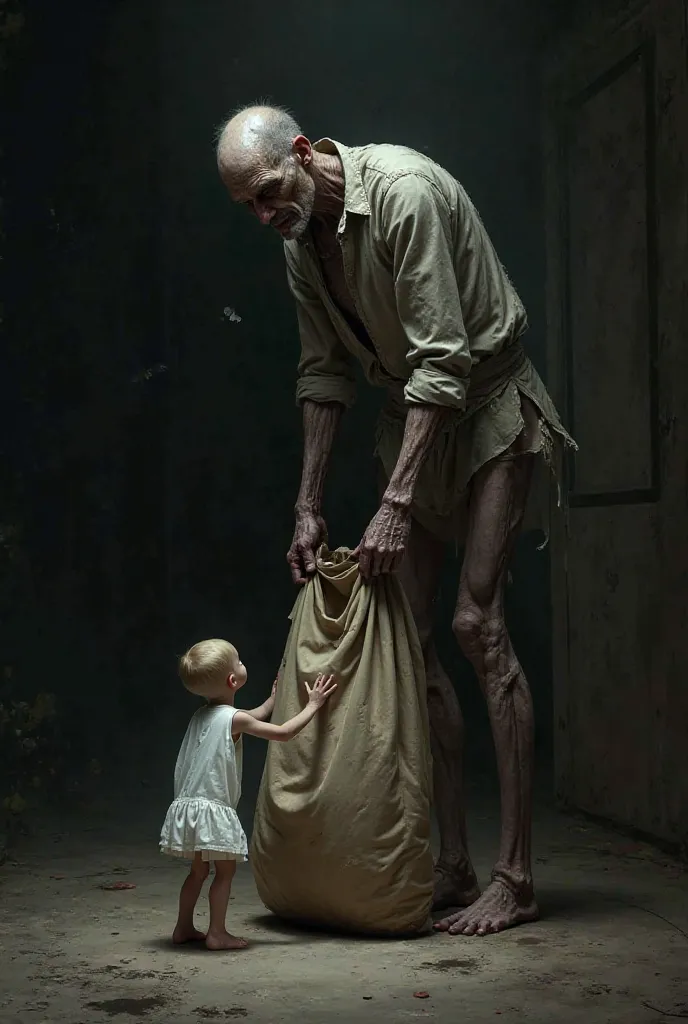 A creepy tall man with torn clothes opening a large bag on the floor and a small  in white clothes slowly entering the bag