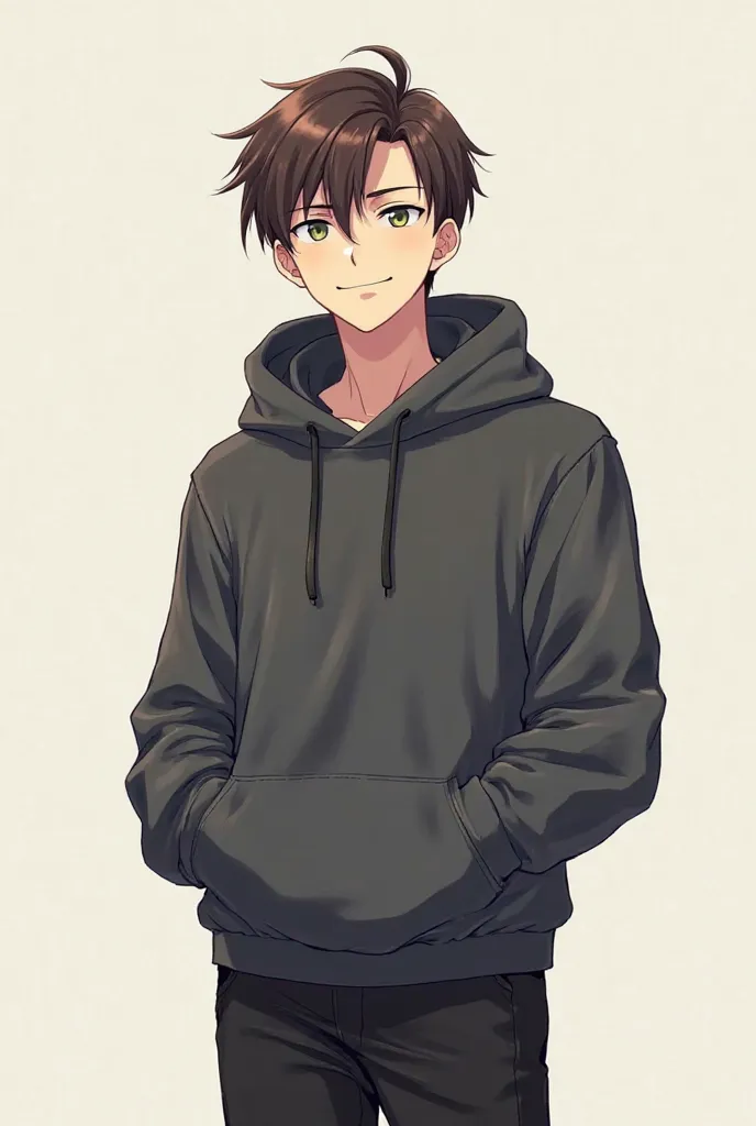  Anime style. 25 year old anime guy with brown hair. He is wearing a dark grey hoodie and black pants.  Full-length guy . He smirks