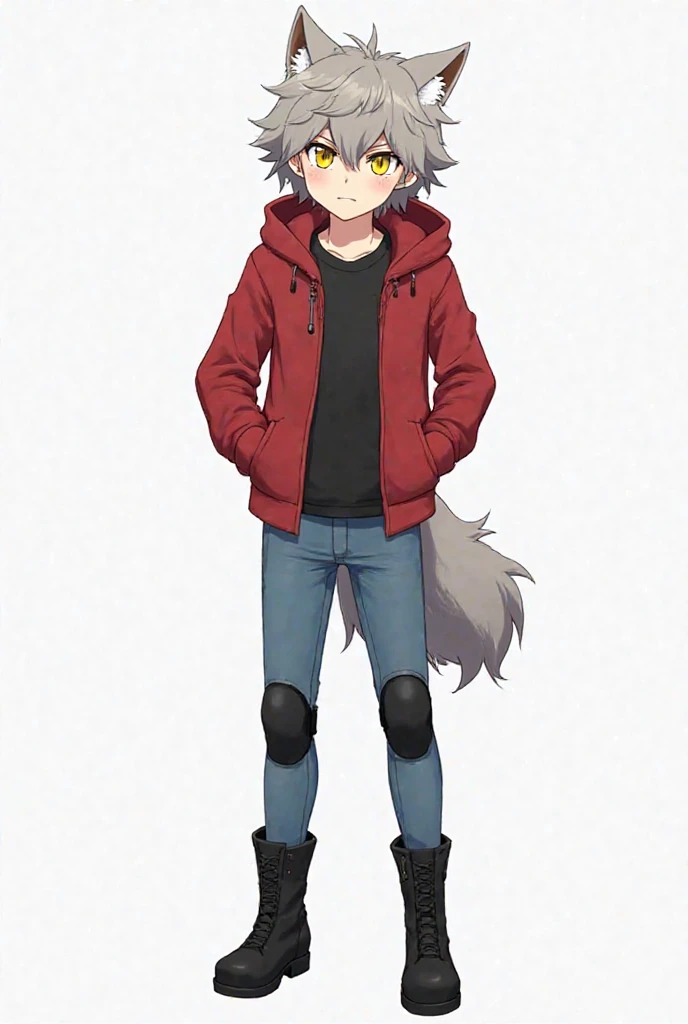 anime style,  Anime Boy, creamy skin, curly gray hair ,  yellow eyes, grey wolf ears on top of the head, grey fluffy wolf tail with white fluffy tip, black boots, black fingerless gloves, black T-shirt, red sweatshirt, blue jeans, black knee pads, white ba...