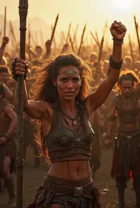 A fierce female warrior with long, wild hair and tribal face paint raises her fist in triumph, leading a crowd of battle-ready fighters. She wears rugged leather and metal armor with intricate details, and her face is illuminated by the golden light of the...