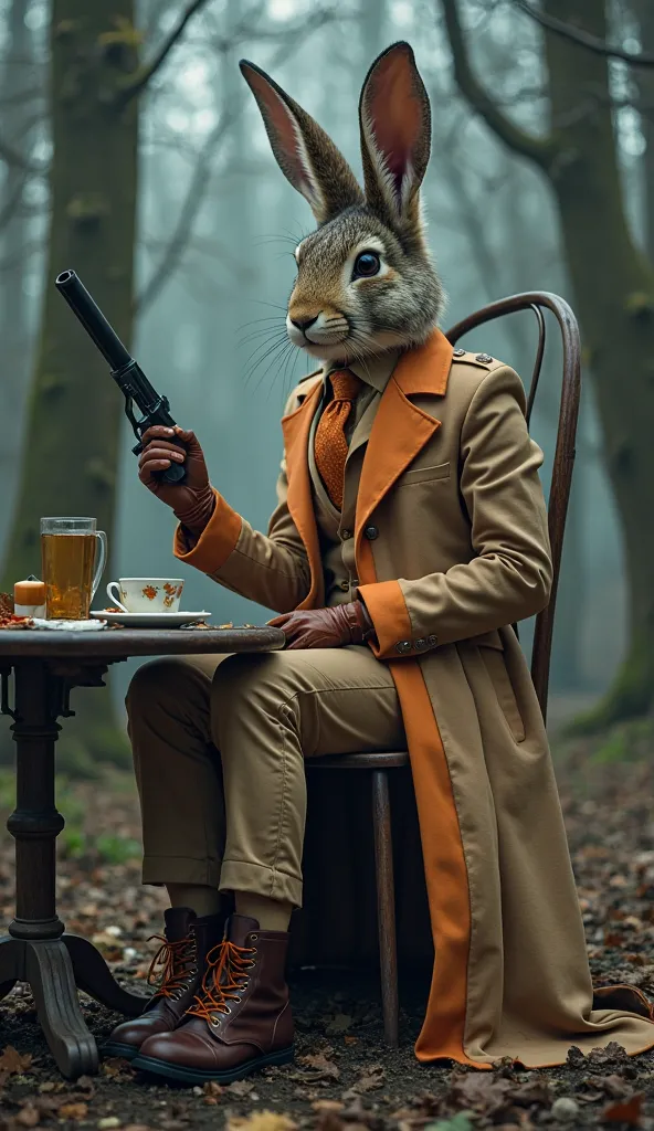  the March hare, in his mob version, she wears a light brown suit with orange details, maintaining the colors of her original coat. She wears a beige shirt and an orange tie, in addition to brown leather gloves. Her shoes are dark brown leather boots, with...