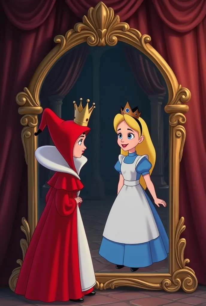 Animated Disney image in which Alice's red queen and white queen appear through the mirror looking at the front in full body and looking animated in Disney format: the red queen has a giant head but both are the same height 