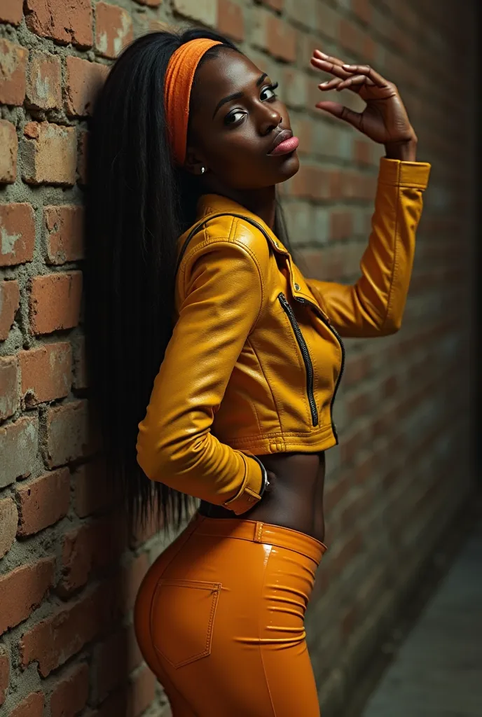 obra prima, melhor qualidade, ((2 tiny midget somali girls, dark skin, anorexic, long straight hair, tangerine wetlook leather headband bandana, sweaty face,)) ((((in a dark alley, standing and leaning her back against the brick wall, twisting hips, one kn...