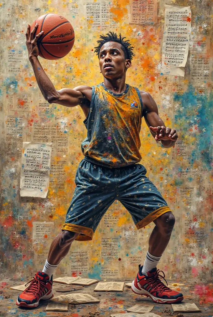 hello, My name is Jean Marcos Bautista, I'm from 3RoB and I love basketball and music. Can you create an image that combines painting with lyrics from books and books