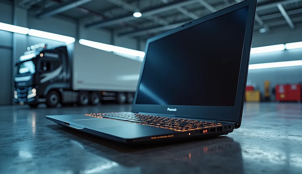 In a futuristic garage, where soft directional lighting highlights key elements, a Panasonic laptop stands prominently. Its chassis glows with subtle laser engravings, symbolizing attention to detail. Behind it, a premium DAF truck with striking contrast l...