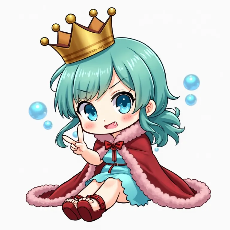 Character Style:
The character is drawn in a chibi (super-deformed) style, with an oversized head and  proportions, giving her a cute and playful appearance.

Hair:
Her hair is a vibrant turquoise, styled into a low, wavy ponytail that cascades past her sh...