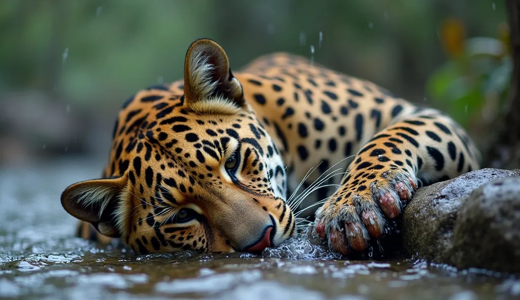 IMG_500 The leopard collapses partially into the shallow stream, its head resting on a rock. Water flows over its paws, washing away some dirt but revealing deeper wounds. Its eyes are half-closed, and its breathing is shallow. Parasites can be seen embedd...