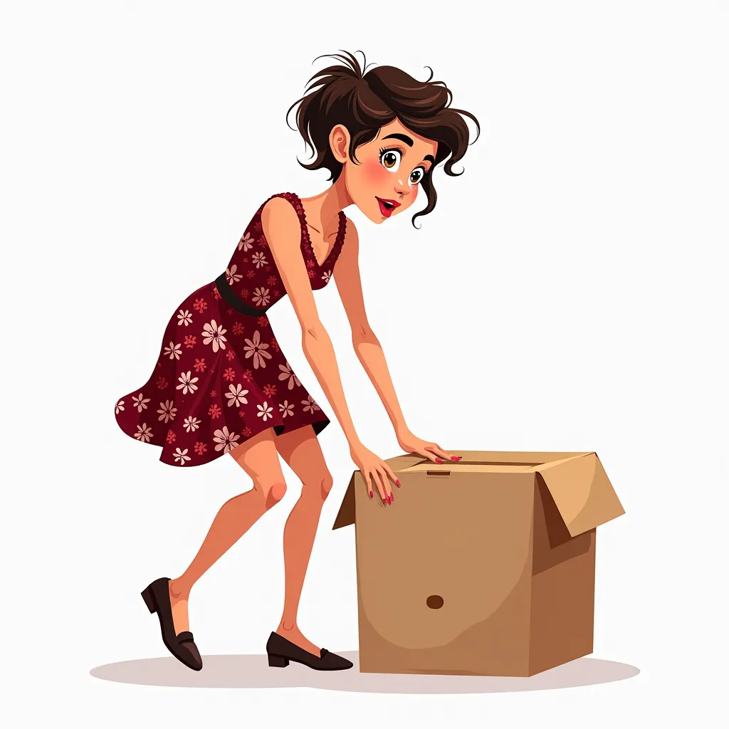 Present Continuous Prompt (Semi-Realistic Cartoon Art - White Background):
A stunning young woman, 27 years old, with short, stylish hair, is actively helping someone lift a heavy box. Her dark red floral dress flows slightly as she bends forward, using bo...