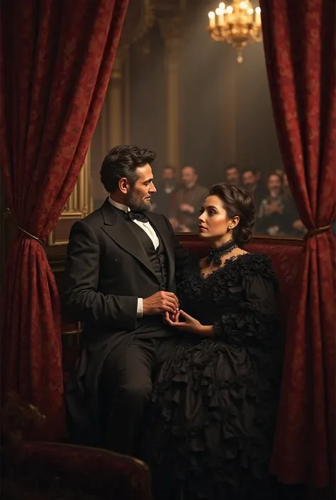 Hyper-realistic image of Abraham Lincoln at Ford’s Theatre on April 14, 1865. He sits in an ornate theater box with rich red drapery, dressed in a black suit and bow tie. Soft gaslight casts a warm glow as he gently holds Mary Todd Lincoln’s hand. She wear...