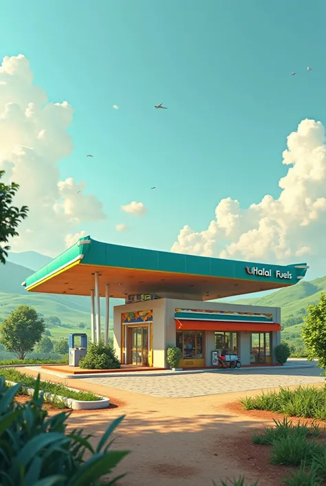 generate an image of petrol station called  HALAL FUELS found in Tanzania. Note use correct spellings and the station should be in colourrich Teal and Creamy beige