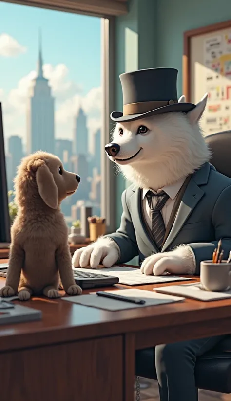 "A real-size white dog wearing a suit, hat, and tie, working in an office. He is sitting at a desk, typing on a computer while attending to a client, who is also a dog. The client dog is a different breed, looking attentive and engaged. The office is moder...