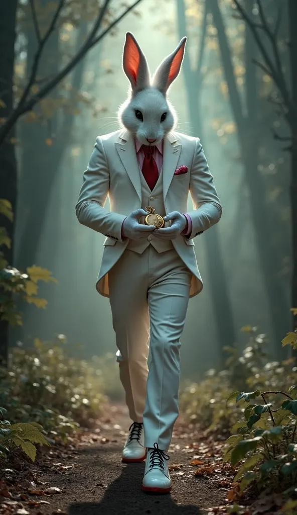 The hybrid man with the White Rabbit, in his mob version,  wears an impeccable white suit , wearing a pale pink shirt and a red tie. He wears a gold pocket watch, What hangs from his vest, and white gloves . His shoes are white dress shoes, with red soles ...