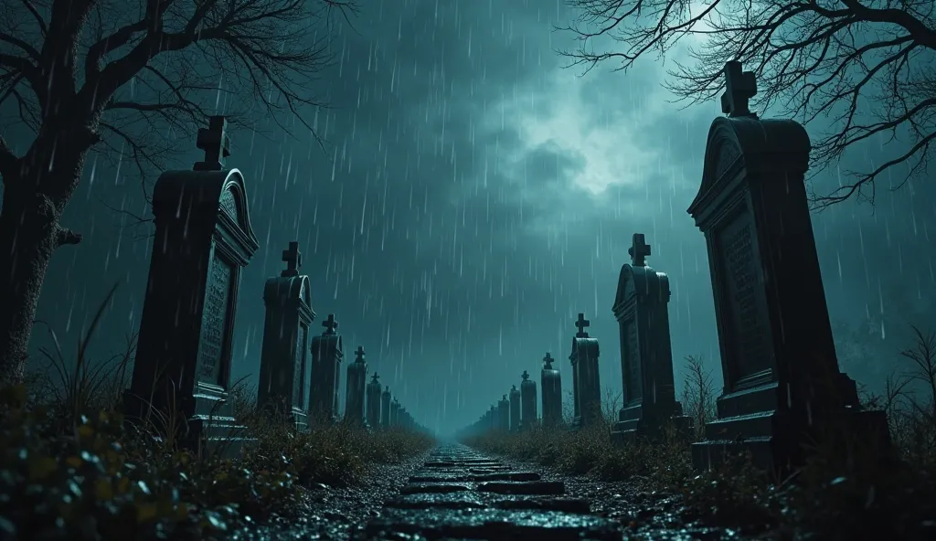 I need a GIF that moves a realistic image of a cemetery with a sense of terror and suspense that contains elements that look like shadows near the headstones and on a rainy night this image has to move and pass the feeling of rain with thunder