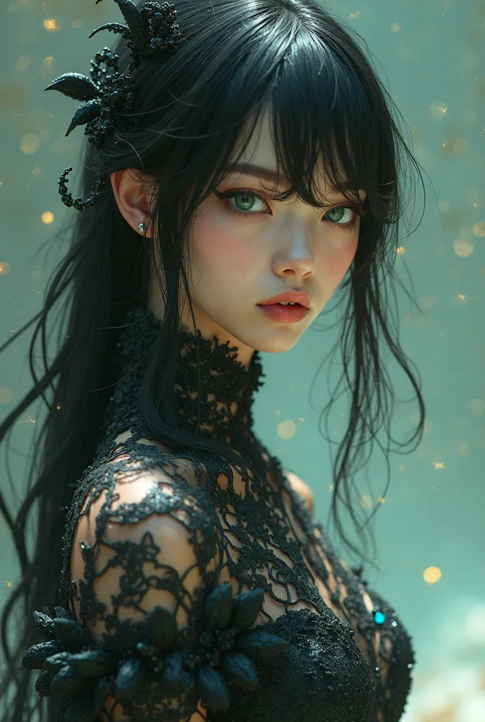 similar to the one in the photo , But with green eyes, black hair and other clothes