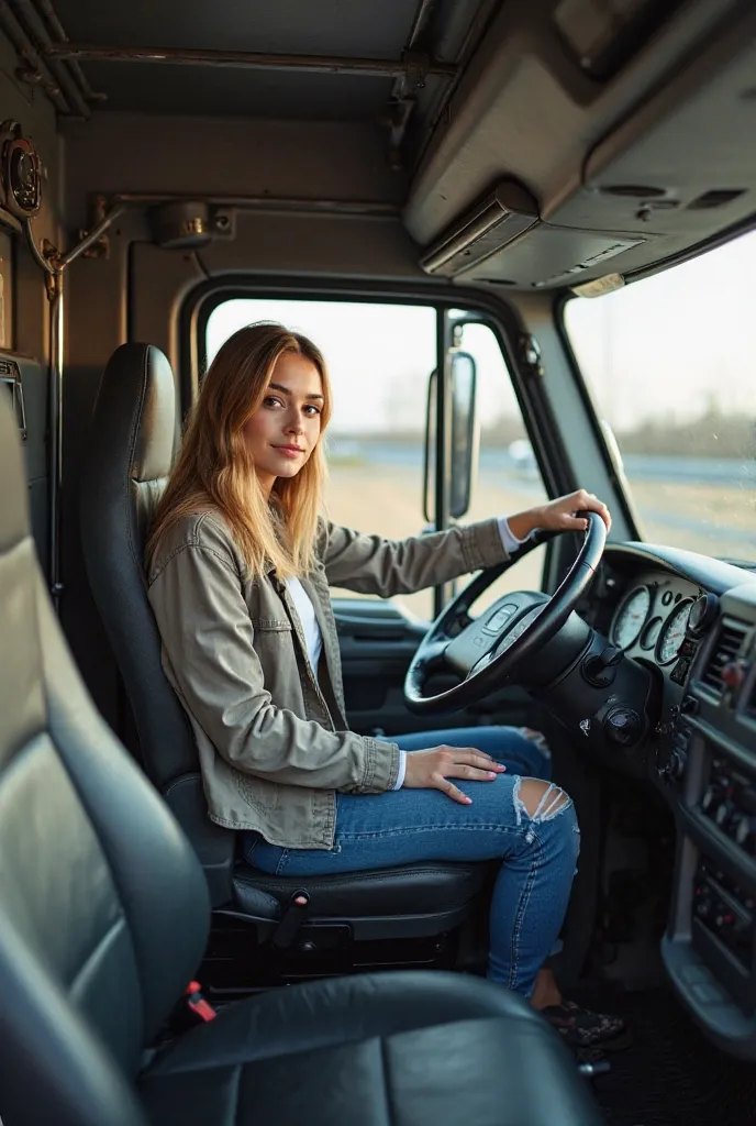 A young woman in her late twenties wearing stylish casual clothes, sitting in the driver’s seat of a large truck. The truck’s interior is detailed, showing the dashboard, steering wheel, and side mirrors. The woman has a confident and relaxed expression, h...